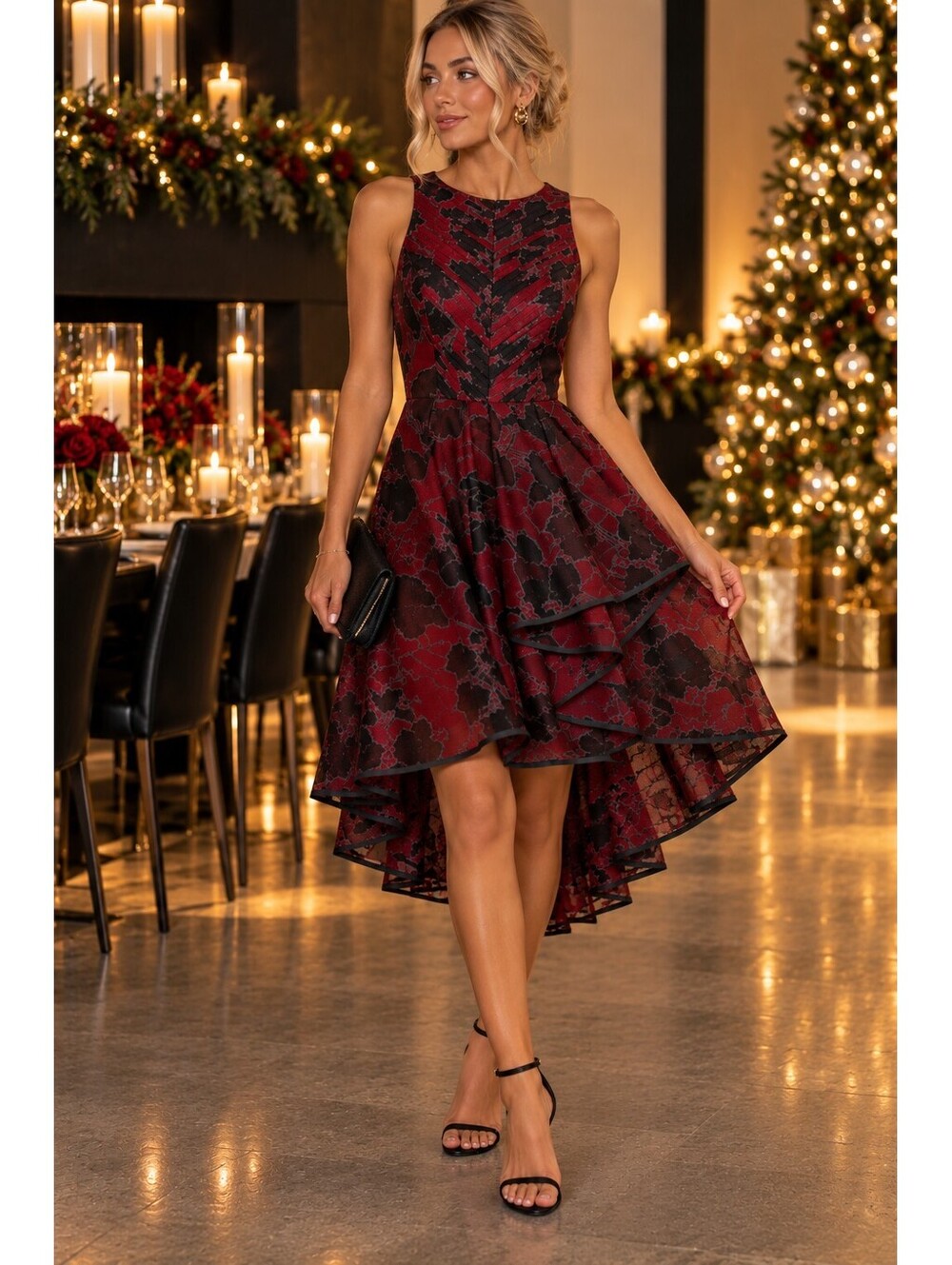HALSTON Sleeveless Tulle Red Black Floral High Low Dress 2